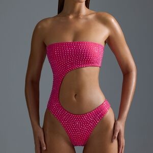 NWOT NEENA Swim Vibrant Pink One Piece Swimsuit with Hotfix Rhinestones